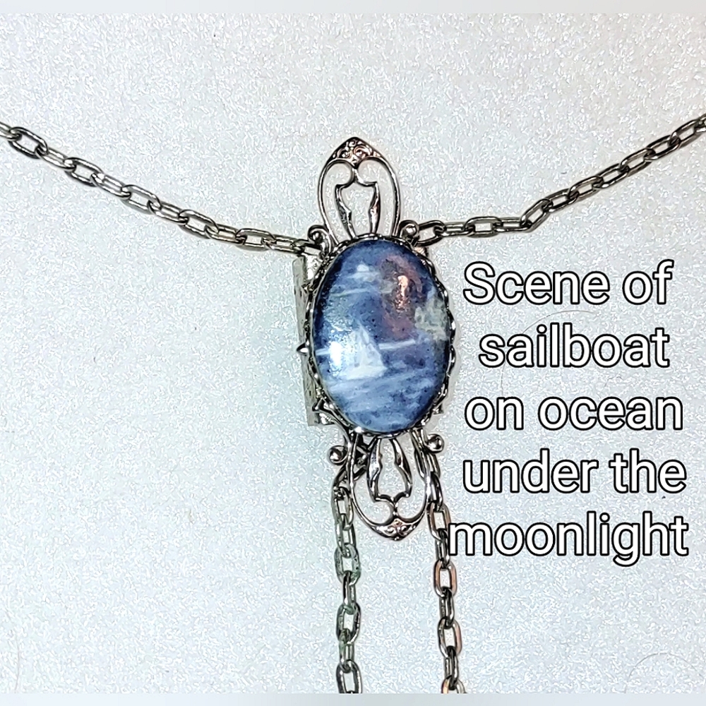 Blue & White Sailboat Image Cabochon Bolo Necklace Silver Metalwork - Picture 3 of 8
